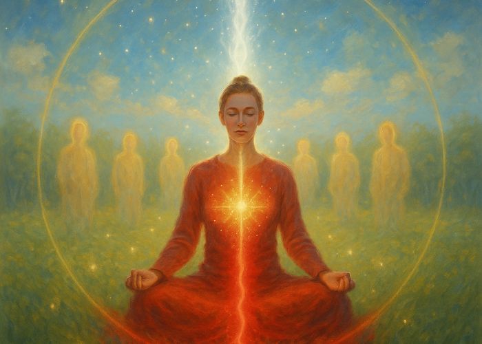 A meditator sits in stillness as red Earth energy rises from below and silver Source energy flows through the crown, surrounded by golden guides in a circle of light.