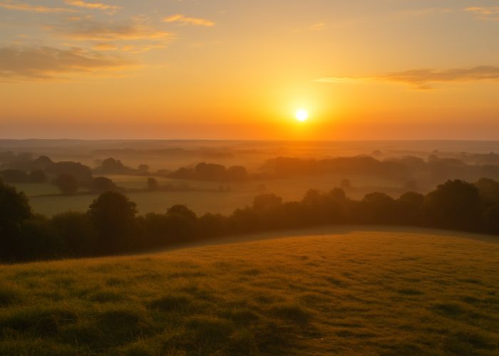 Early morning sunrise casting golden light across grassy hills and distant fields, seen from a high vantage point.