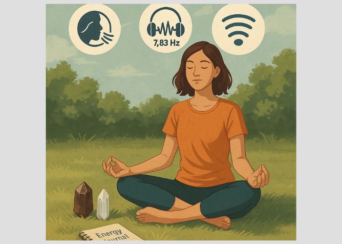 Digital artwork showing a woman meditating barefoot on the grass, surrounded by crystals, a journal, and icons for breathwork and binaural beats at 7.83 Hz, symbolizing practices for connecting with the Schumann Resonance.