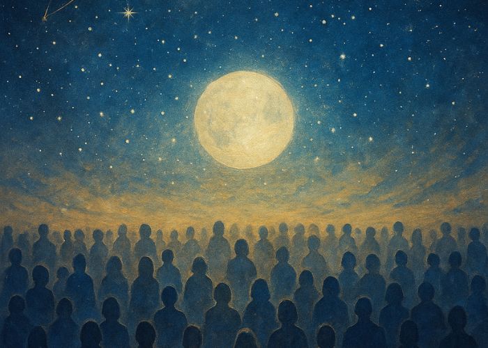 The Collective – Under the Moonlit Sky A cosmic night scene with a full moon above a gathering of silhouetted figures connected beneath a star-filled sky.