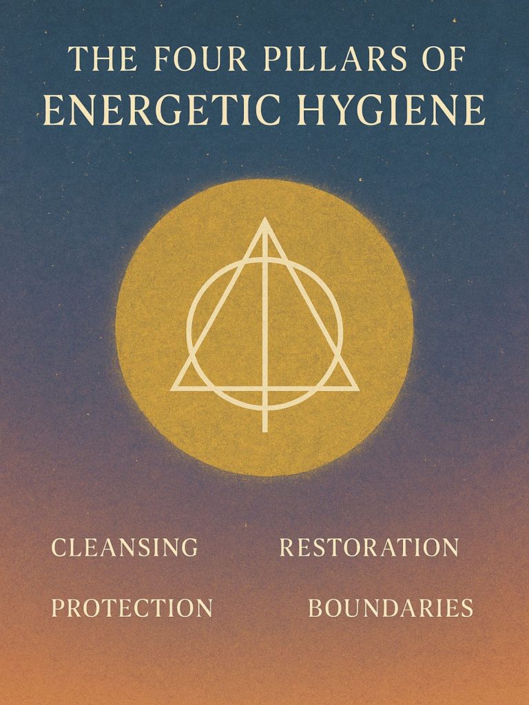 Portrait illustration with a celestial background, golden aura, and geometric symbol, featuring the words “The Four Pillars of Energetic Hygiene” with the principles Cleansing, Restoration, Protection, and Boundaries.