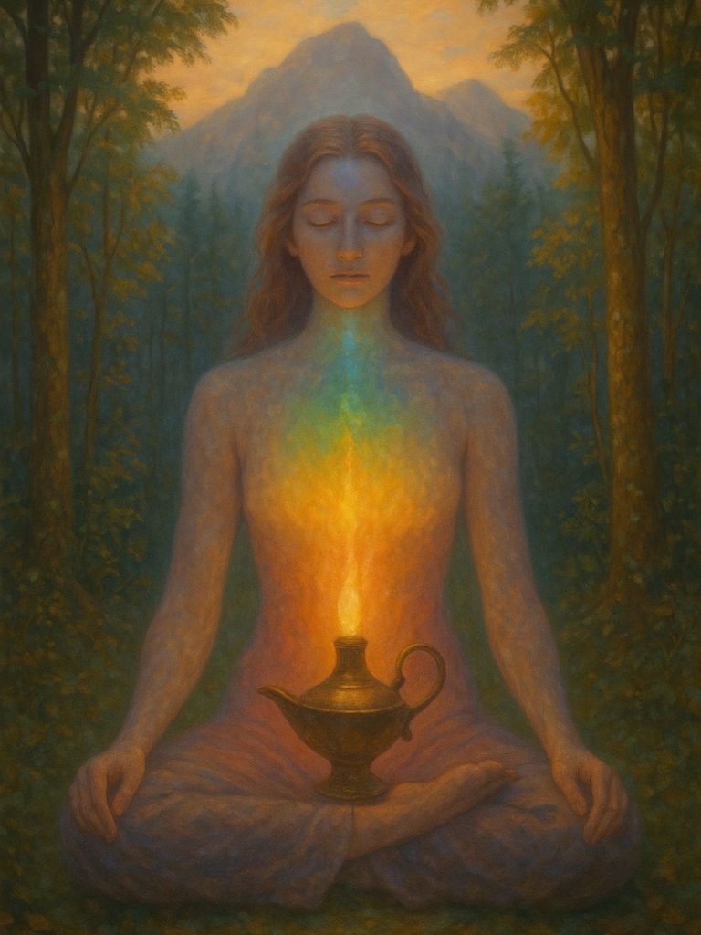 A woman sits in meditation within a forest, her semi-transparent body glowing with chakra colors. At her center, an ancient oil lamp burns brightly, symbolizing the inner spark and forgotten flame of divine light.