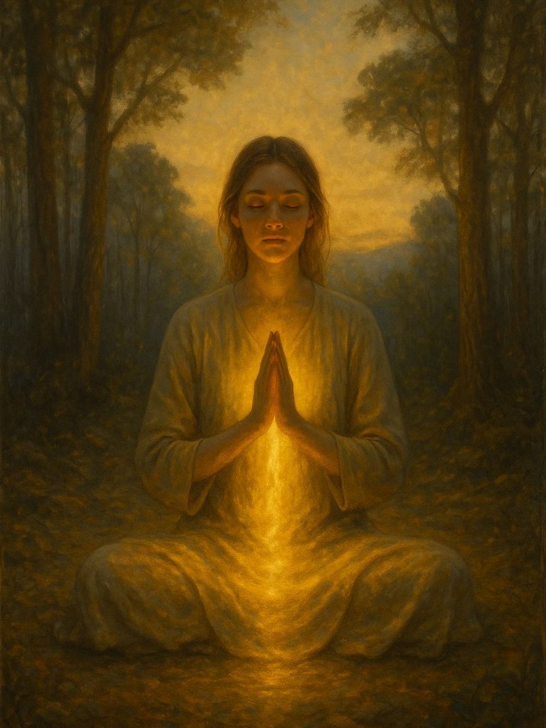 A woman meditates in a twilight forest, hands in prayer, golden light glowing from her chest, symbolizing the I Am presence and divine connection.