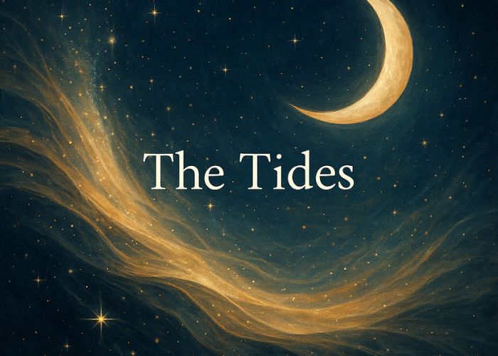 The Tides – Celestial Ocean Energy A celestial ocean scene with glowing waves under a star-filled sky, reflecting moonlight and cosmic light patterns.
