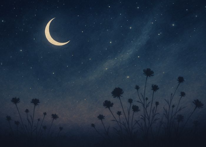 The Whispers – Celestial Murmurs A crescent moon glows above a starlit sky, with silhouetted wildflowers swaying in the foreground under a soft cosmic glow.