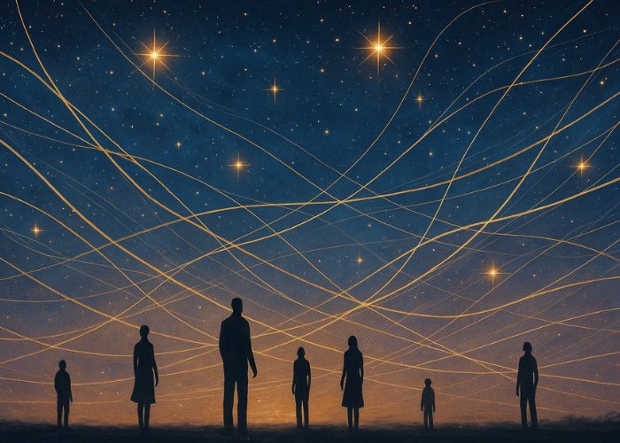 Celestial landscape with luminous threads of light weaving across a star-filled sky, symbolizing unity consciousness and collective connection.