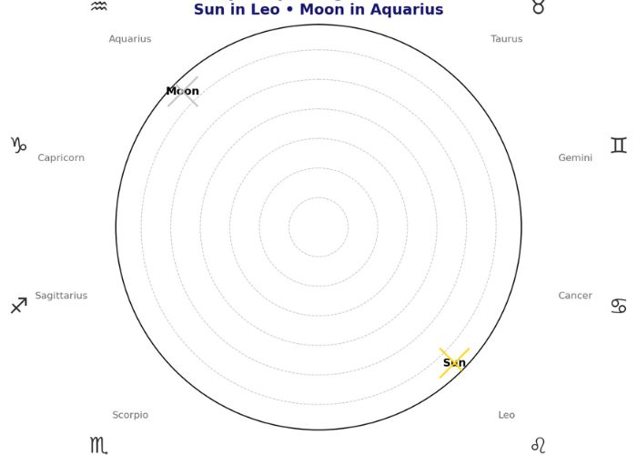 Zodiac wheel chart for August 18, 2025, showing the Sun in Leo and the Moon in Aquarius, with gold and silver highlights.