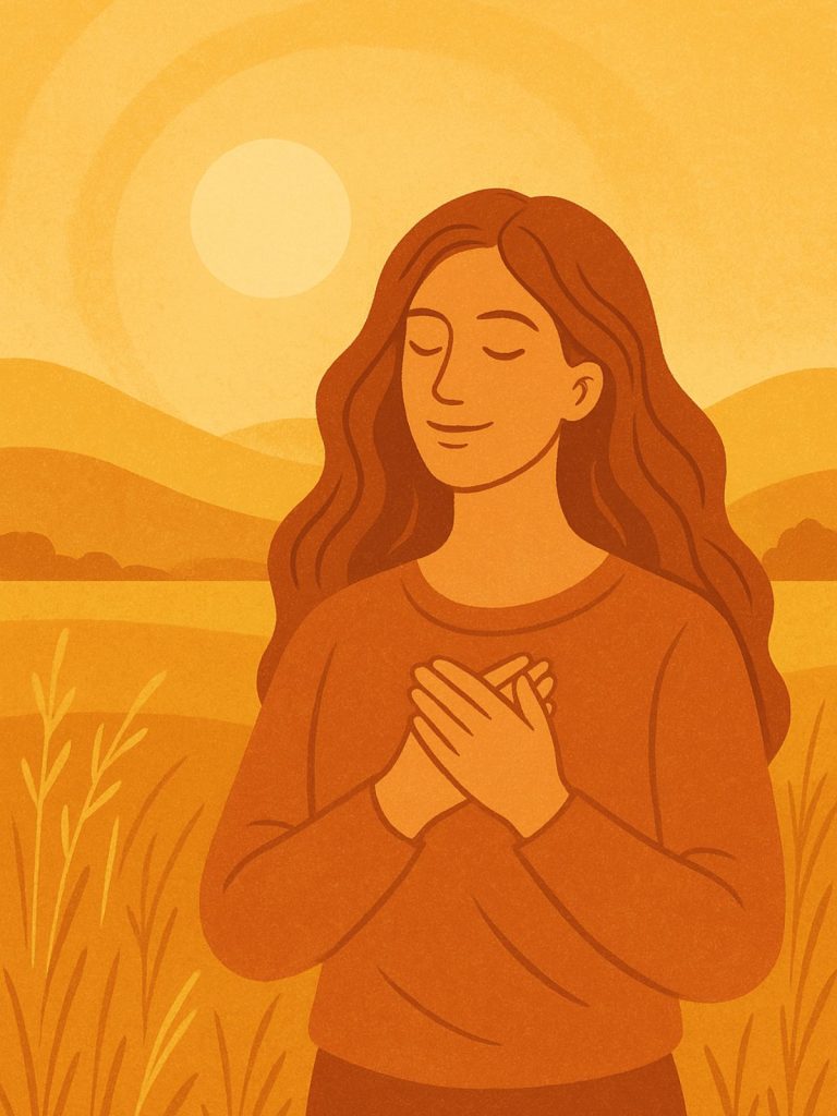 A serene woman with wavy hair stands in a golden sunlit field, smiling softly with her hands over her heart, symbolizing peace, trust, and harmony with her spiritual journey.