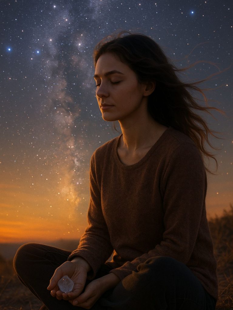 Woman sitting cross-legged on the earth at sunset, eyes closed, holding a clear quartz crystal in her hand, with the Milky Way visible in the night sky