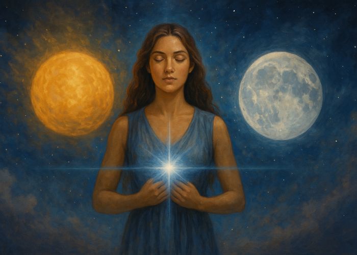 Ethereal woman with eyes closed, hands over her chest, holding the glowing Azura Point between a golden sun and silver moon.