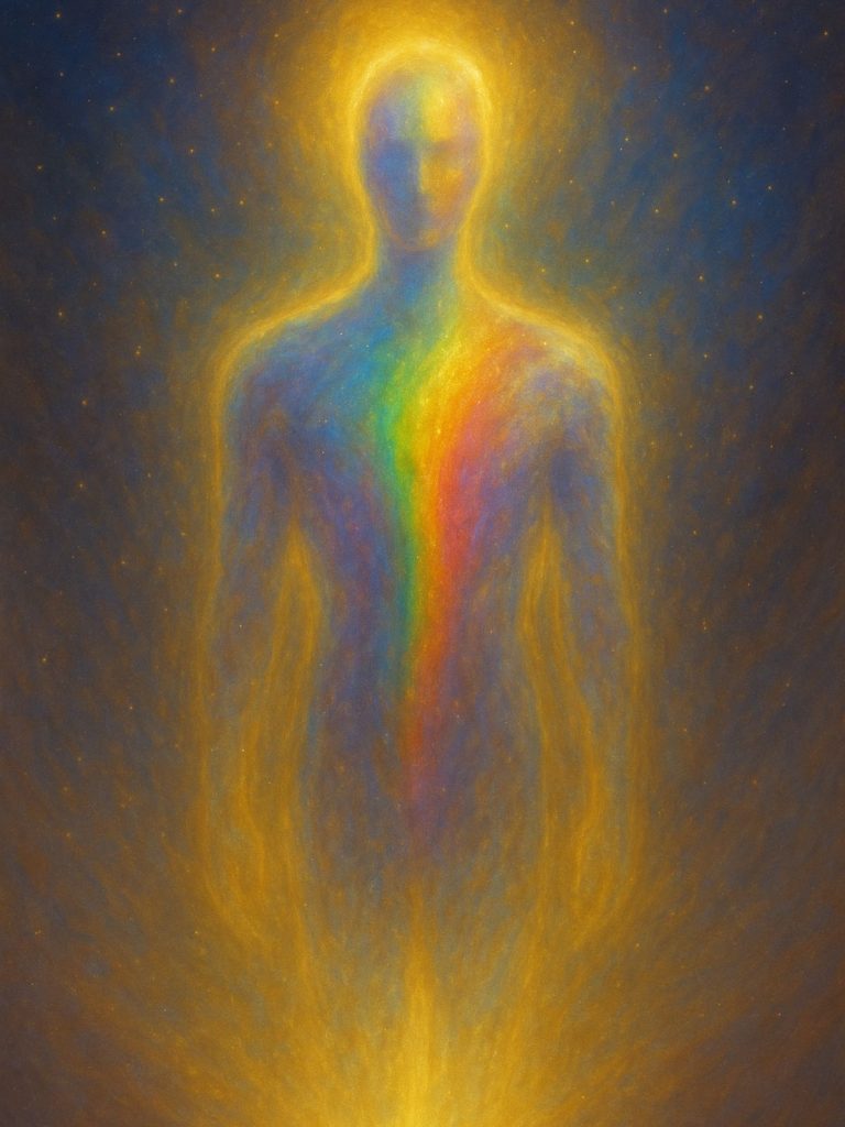 A luminous, gender-neutral figure radiates rainbow colors through a translucent body, surrounded by golden light in a cosmic backdrop, representing the Ah-Rae Collective in a state of divine transmission.