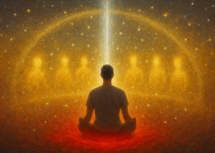A glowing golden figure radiates light from the heart and crown chakras, luminous threads of energy weaving outward into a star-filled cosmic sky.
