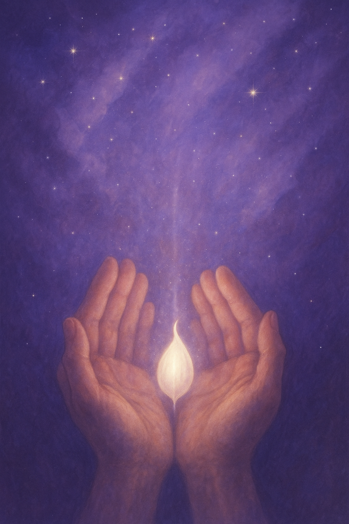 Hands Holding a Luminous Seed Beneath the Stars Two open hands gently cup a glowing seed of light beneath a deep violet starry sky, symbolizing spiritual potential and divine purpose.