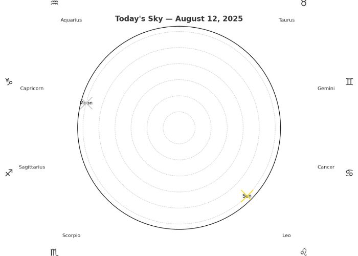 Circular zodiac chart showing Sun in Leo and Moon in Capricorn for August 12, 2025.