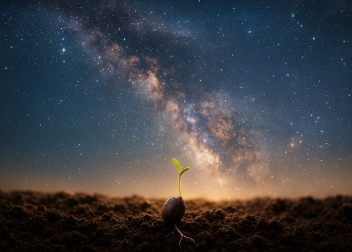 A small seedling sprouting from rich soil beneath the glowing Milky Way galaxy, symbolizing the connection between earthly growth and cosmic origins.