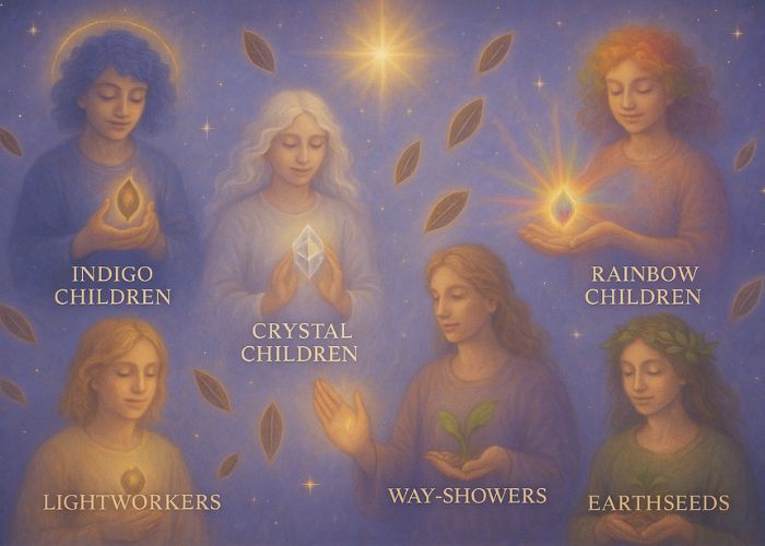 Six ethereal figures representing Indigo Children, Crystal Children, Rainbow Children, Lightworkers, Way‑Showers, and Earthseeds, each holding a symbolic glowing seed beneath a starry sky.