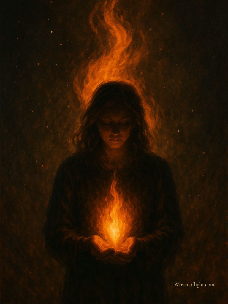 A Flame That Never Goes Out — The Inner Fire of the Flame-Bearer Portrait of a woman holding a glowing flame close to her chest, symbolizing the eternal flame of the flame-bearer and the journey of transmuting darkness into light.