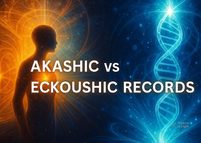 Spiritual artwork showing a cosmic library representing the Akashic Records and a luminous DNA strand rising toward crystalline light, symbolizing the Eckoushic Records.