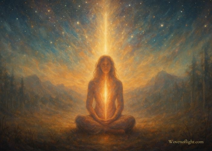 A meditating woman sits glowing with inner light beneath a star-filled sky, mountains and trees around her, symbolizing the spiritual awakening journey of remembrance.