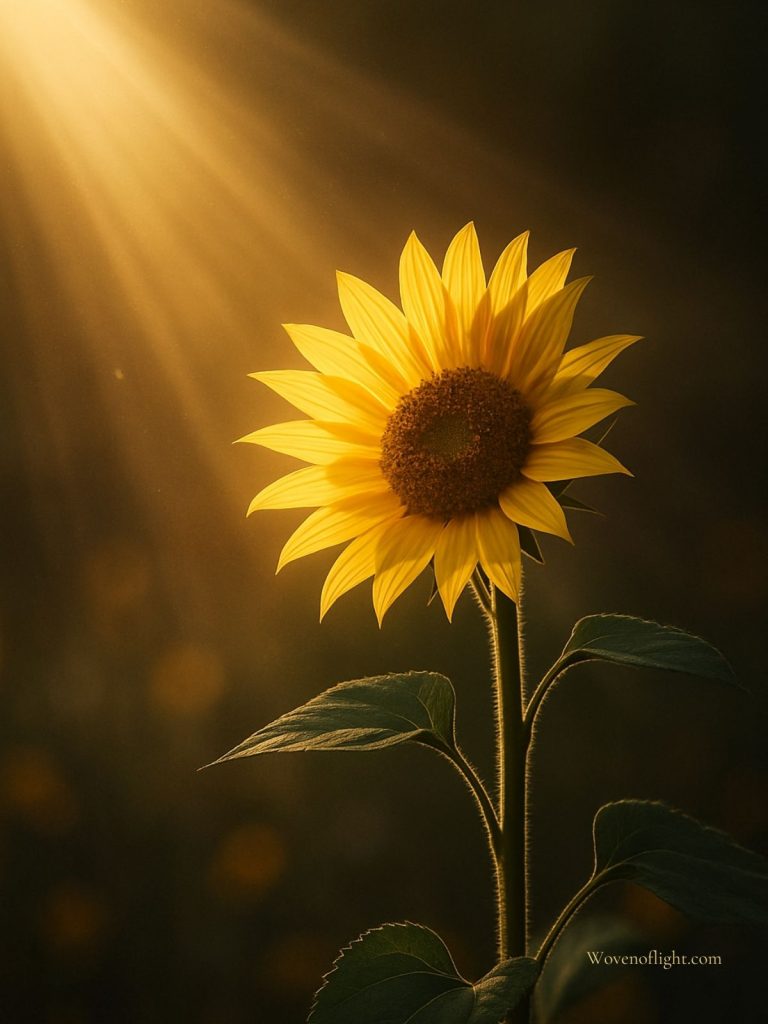 Beauty Rising Through Struggle A sunflower bathed in golden light, petals open toward the sun, symbolizing the beauty that emerges from struggle and healing.