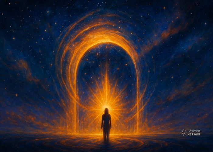 Celestial Portal of Golden Light A lone figure stands before a radiant golden archway glowing against a cosmic backdrop of stars, symbolizing the role of portals in accelerating awakening.