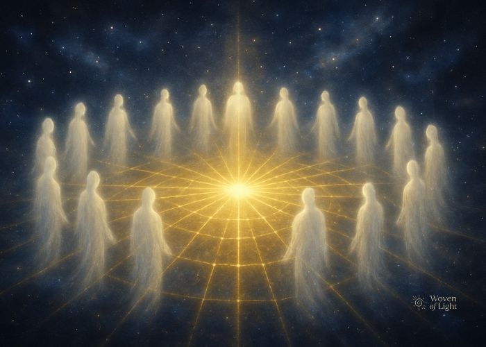 A circle of luminous white light beings surrounding a radiant golden grid, glowing against a celestial backdrop of stars and cosmic light.