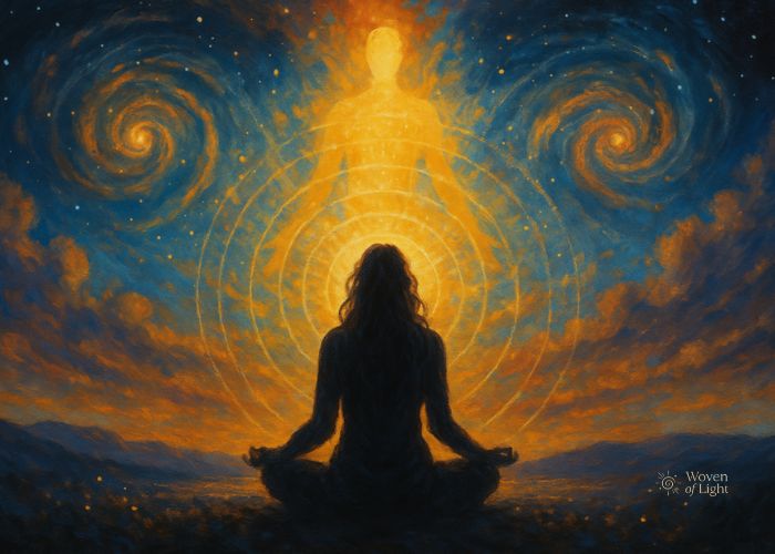Silhouette of a meditating figure under a cosmic sky, surrounded by swirling galaxies and radiant golden light symbolizing collective awakening.