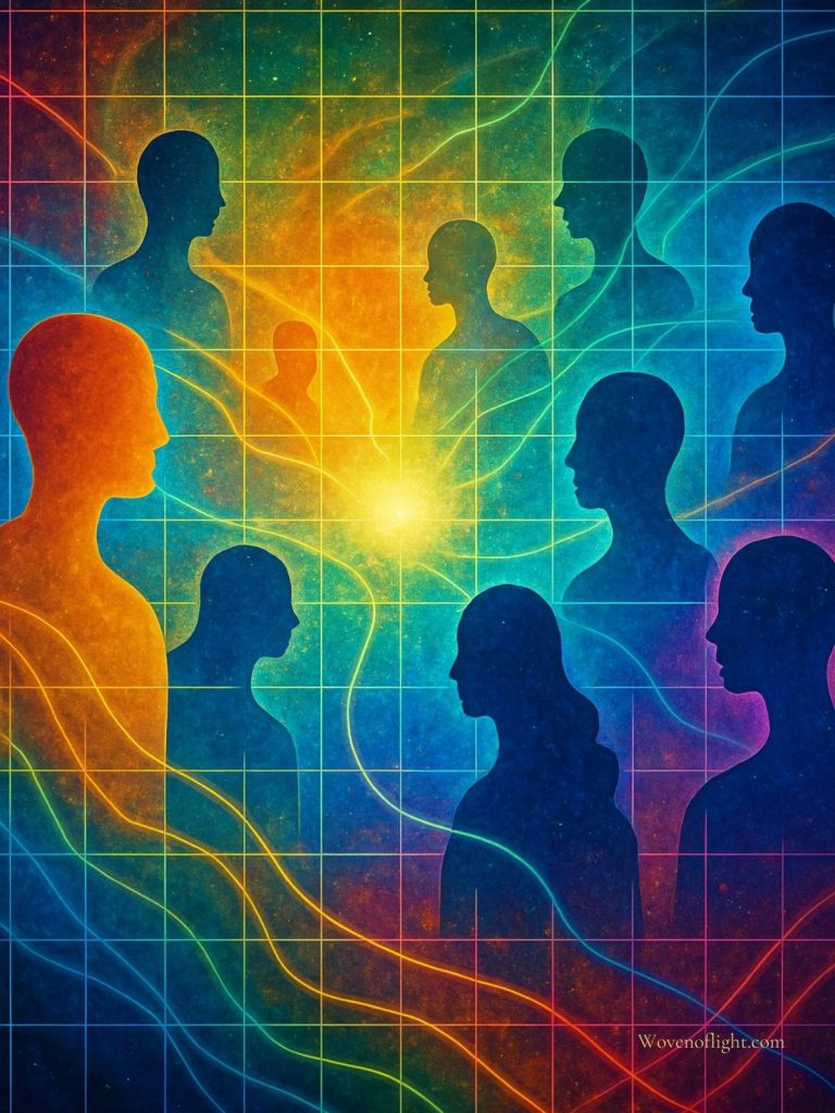 Collective Grid of Connection Colorful digital illustration of human silhouettes interconnected by flowing light waves over a glowing cosmic grid, symbolizing collective energy and shared awakening.