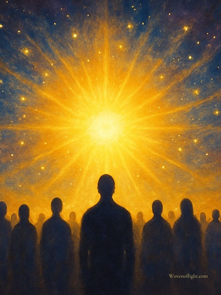 Collective Light and Shared Awakening A gathering of silhouetted figures standing together beneath a radiant golden light, symbolizing collective awakening and shared consciousness.