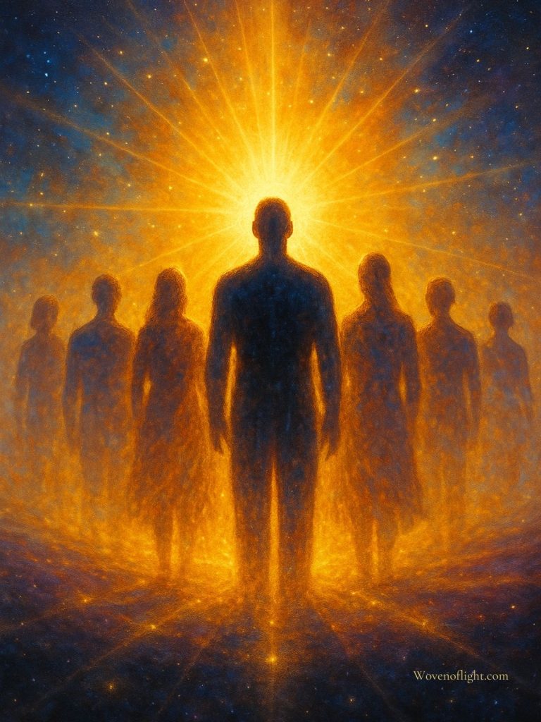 Collective Light of Becoming Digital painting of six silhouetted human figures standing together before a radiant golden orb, symbolizing unity, awakening, and shared collective energy.
