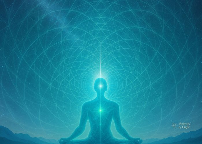 Ethereal figure meditating within a luminous crystalline grid of light under a cosmic sky, symbolizing the Eckoushic current
