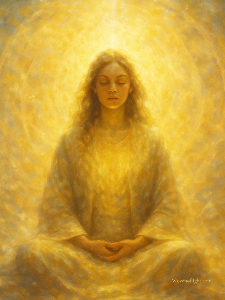 Embodying the Eckoushic Current Artwork Portrait of a meditating figure immersed in radiant golden-white light, dissolving into Source energy and cosmic radiance