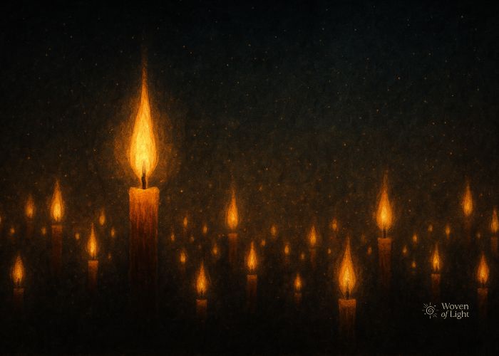 Flame-Bearers Lighting the Path of Collective Ascension Many candles burning in the dark, their flames glowing together to symbolize the flame-bearer’s mission of guiding collective spiritual ascension.