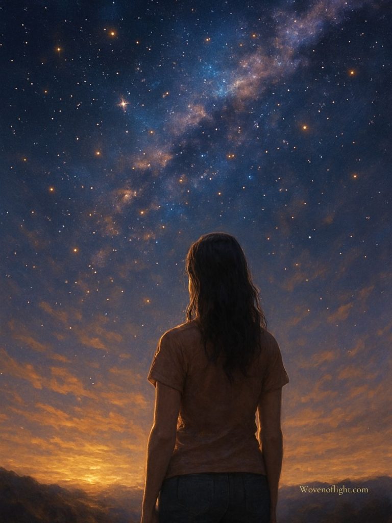 Gazing Into the Infinite Sky A woman stands with her back to the viewer, gazing up at the star-filled night sky and Milky Way, symbolizing humanity’s shared journey of awakening.