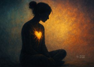 A woman sits in quiet meditation, a glowing golden heart radiating cracks of light from her chest, surrounded by deep blues and warm oranges, symbolizing beauty emerging from pain.