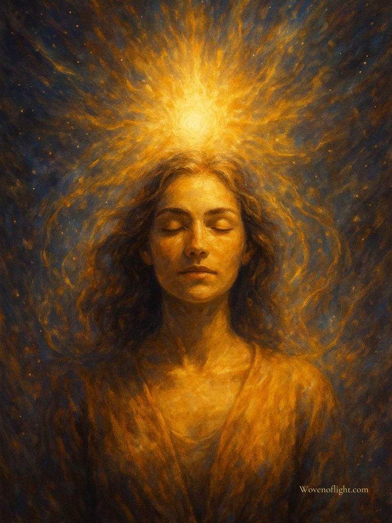 Meditative Woman Radiating Energy Light Portrait of a serene woman with eyes closed, golden light radiating from her crown and swirling outward, symbolizing the intensity of spiritual energy shifts.