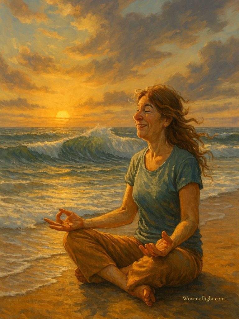 A smiling woman meditates on the beach at sunset as waves roll in, symbolizing the tides of forgetting and remembering on the spiritual path.