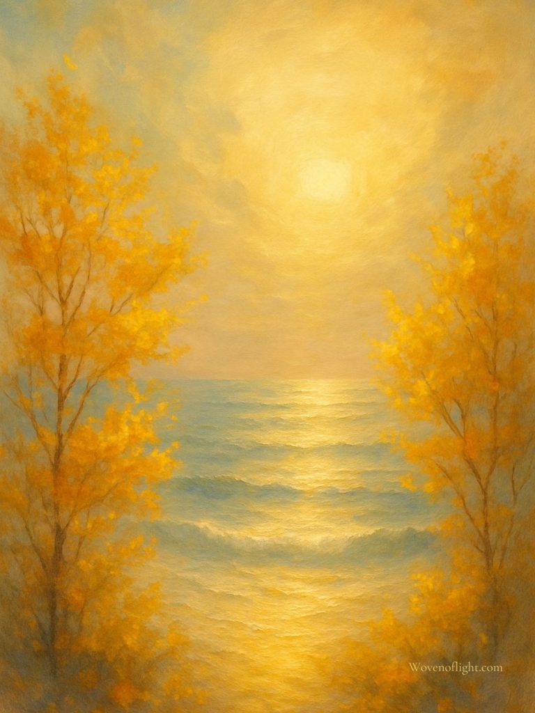 Paradox of Light and Shadow Golden sunlight reflects across gentle ocean waves framed by autumn trees, symbolizing the cycle of ache and beauty intertwined.