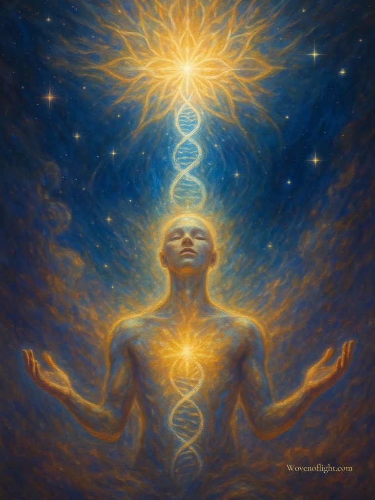 Visionary artwork of a luminous human figure surrounded by crystalline light and cosmic patterns, symbolizing the soul’s eternal blueprint and Eckoushic remembrance.