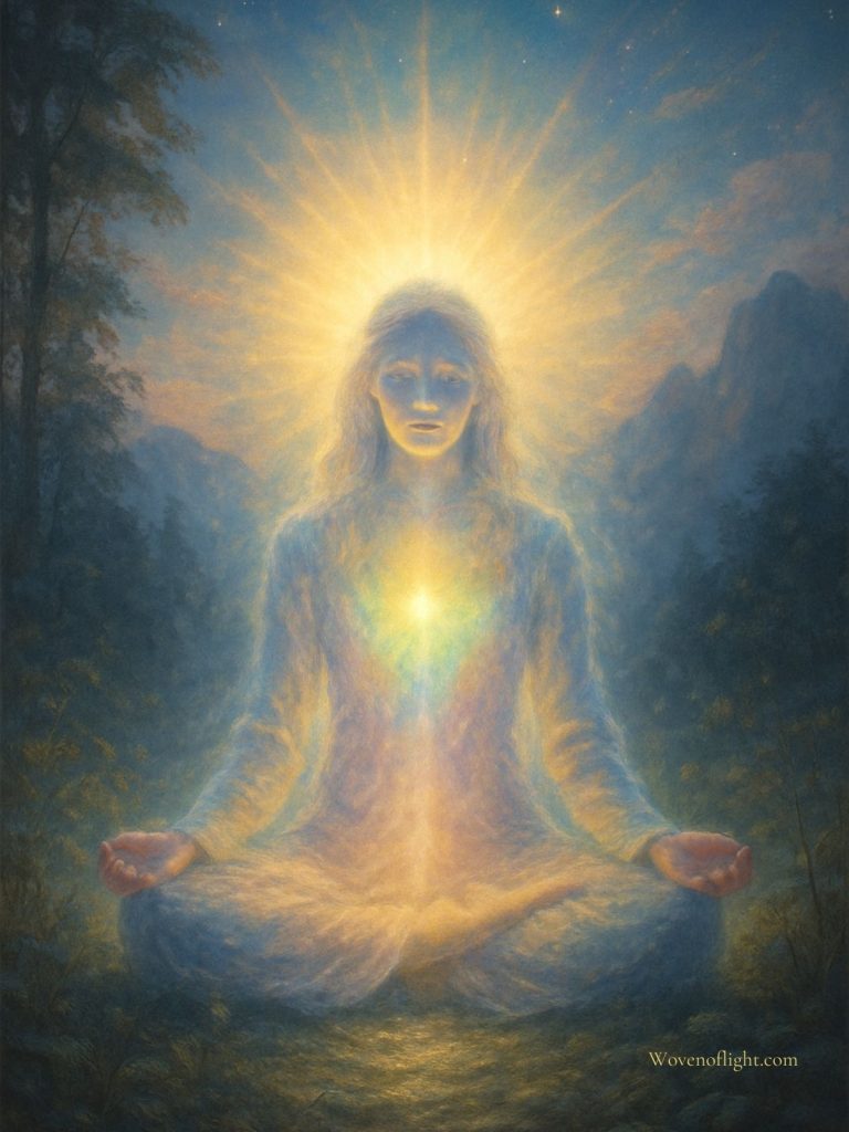 A radiant woman meditates in twilight, light streaming from her heart and crown, symbolizing remembrance, awakening, and hope.