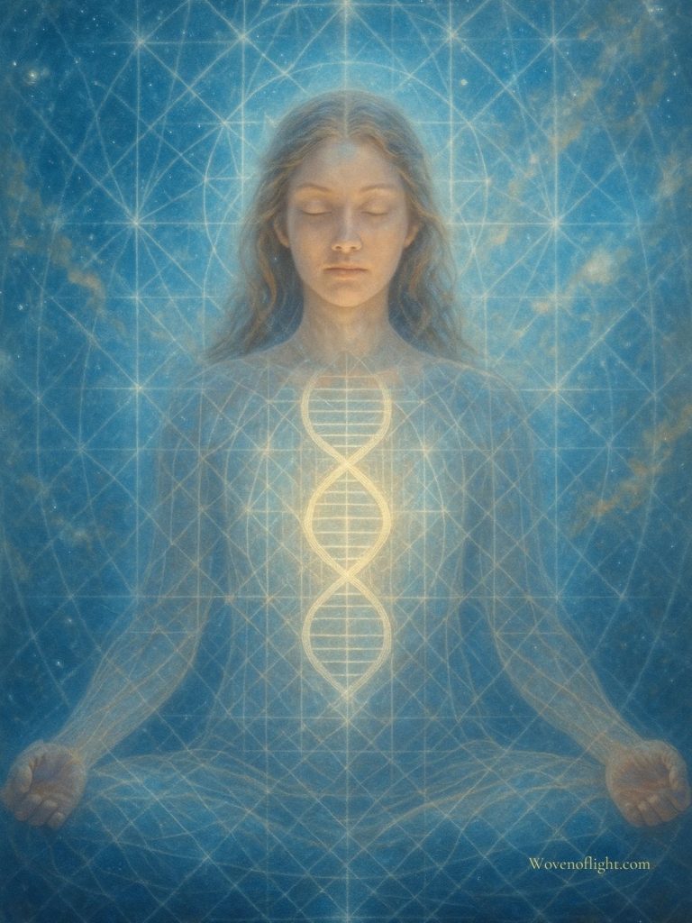 Spiritual DNA Alignment Artwork Portrait of a meditating woman surrounded by crystalline light patterns with a radiant DNA spiral glowing from her chest, symbolizing spiritual DNA connection