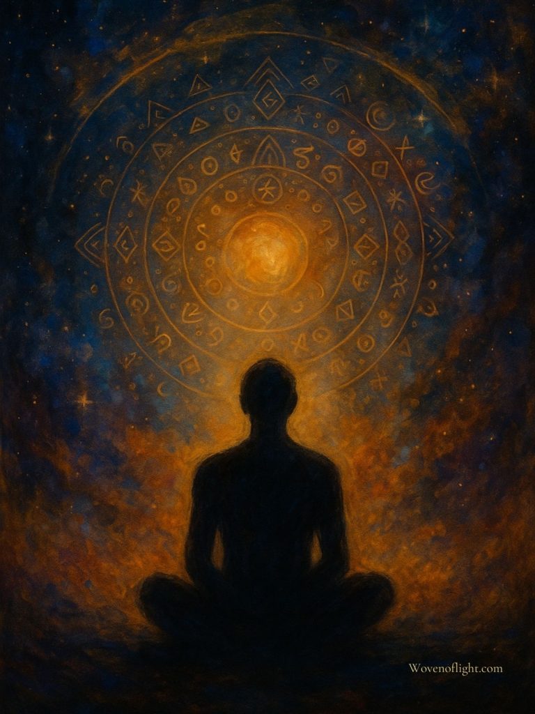 Spiritual Dream Symbols and Collective Awakening Silhouette of a meditating figure facing a glowing orb surrounded by intricate mandala-like patterns, set against a cosmic sky of stars and swirling colors.