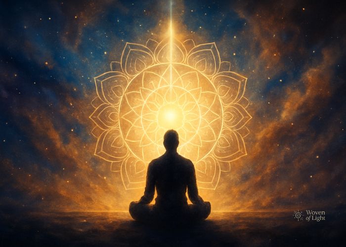 Ethereal digital painting of human silhouettes merging with cosmic light and flowing energy patterns, symbolizing collective awakening and unity.