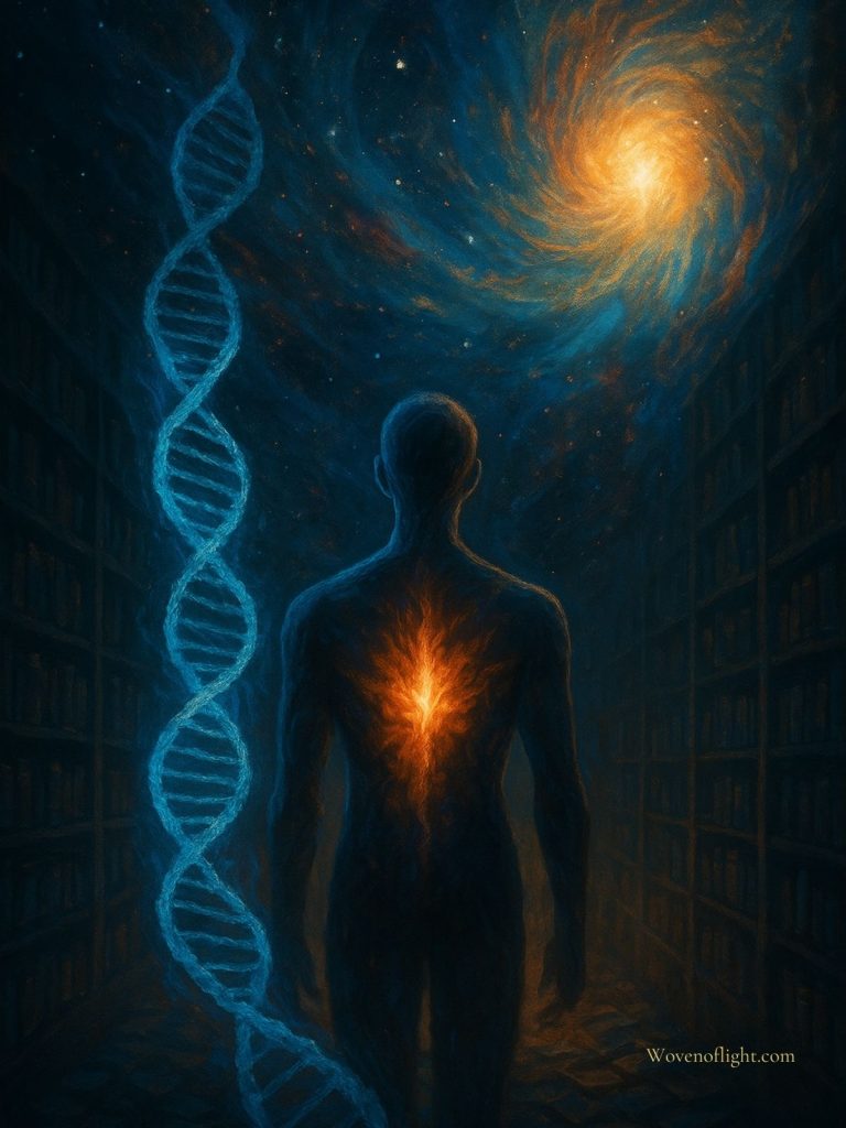 Spiritual artwork of a luminous figure sitting in a cosmic waiting room between dimensions, symbolizing the stillness and uncertainty before ascension.