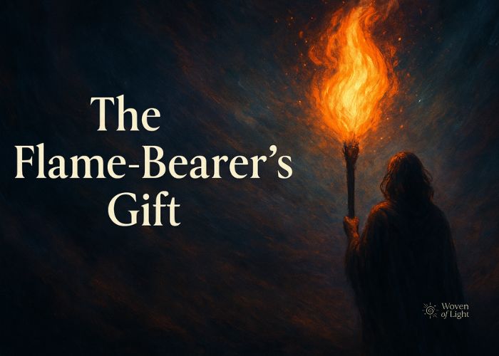 Digital painting of a lone flame-bearer holding a torch of fire in the darkness, symbolizing transmuting darkness into light and the spiritual ascension path.