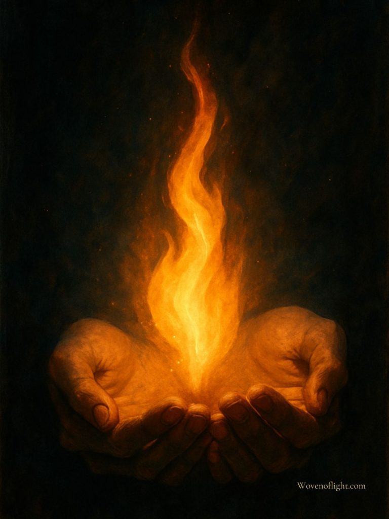 Transmuting Darkness into Light — Hands Holding Flame Two hands gently holding a glowing flame against a dark background, symbolizing the flame-bearer’s path of transmuting darkness into light and spiritual ascension.