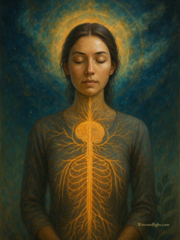 Beyond the Body: Nervous System and Spirit in Alignment A serene woman in meditation, eyes closed, with a radiant golden nervous system glowing through her body, surrounded by cosmic light and a luminous halo symbolizing the union of physical, mental, and spiritual bodies.