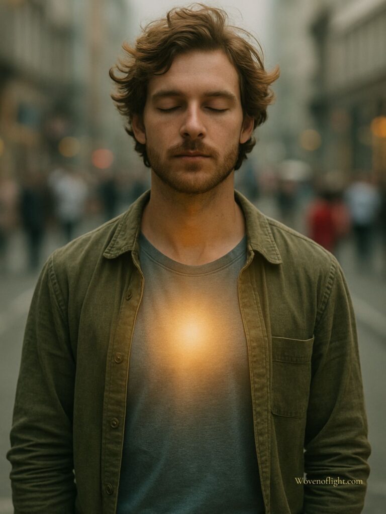 Breath of Light Among Chaos A calm young man stands in a busy city street, eyes closed as a golden light glows from his chest, symbolizing inner peace amid the noise of the world.