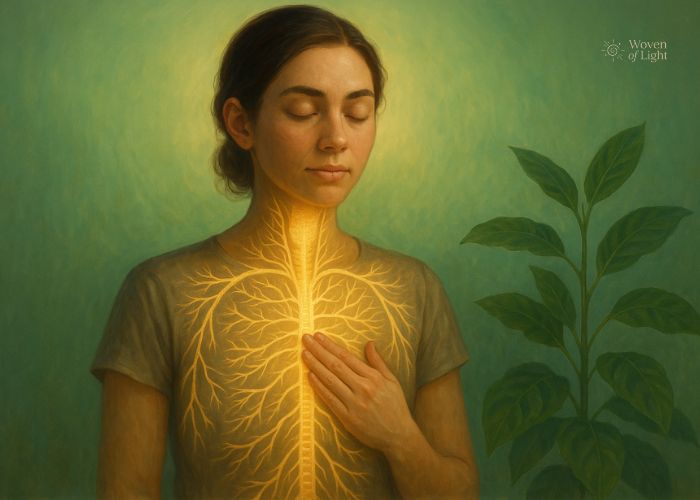 A serene woman with eyes closed, her hand resting on her chest as a luminous golden nervous system glows through her body, set against a soft green background with a leafy plant beside her.