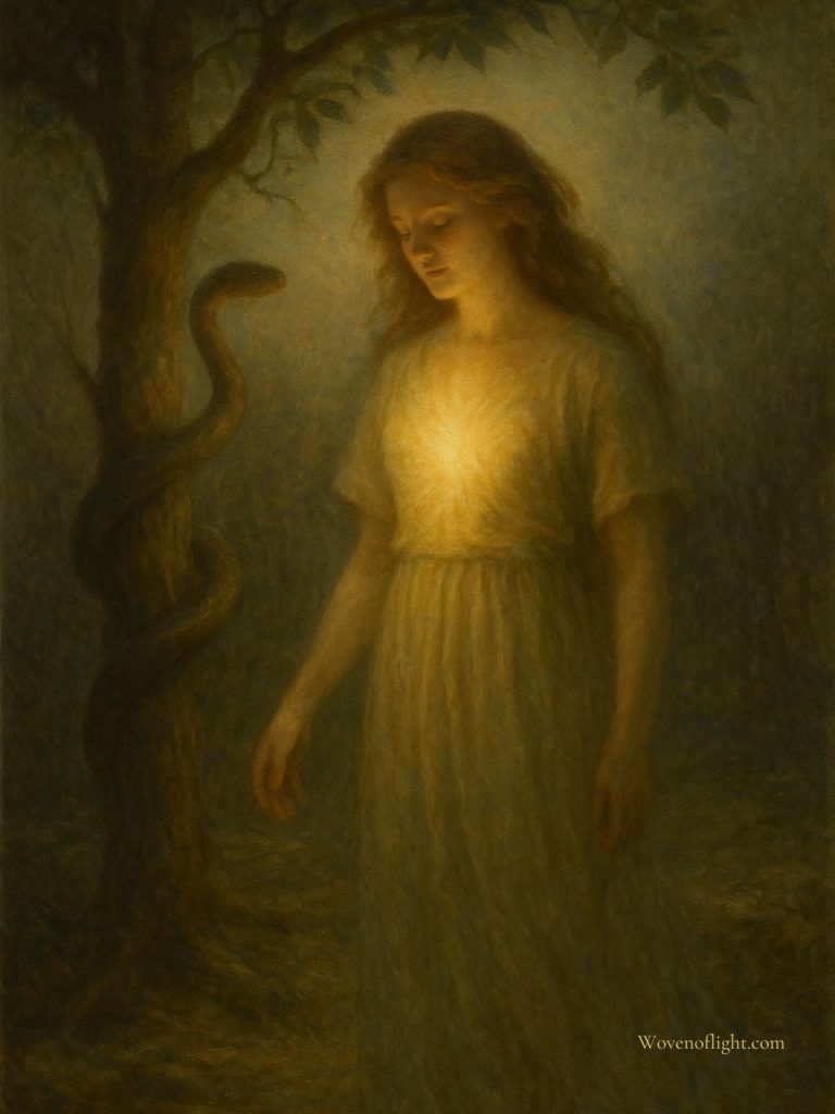 A woman glowing with inner light stands beside a serpent coiled around a tree, symbolizing awakening and remembrance of divine feminine truth